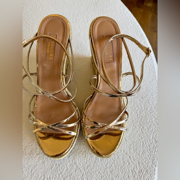 Aquazzura Shoes - Aquazzura Gold Strappy Women's Platform Wedge Sandals - 37.5 / 7.5